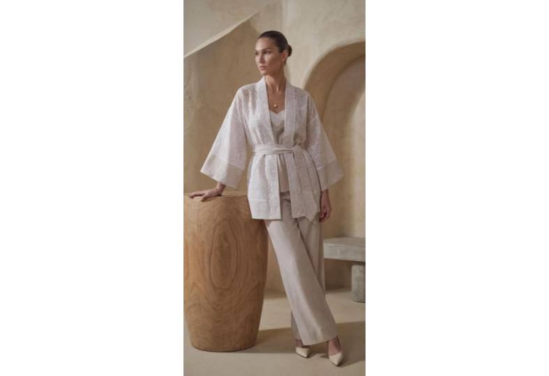 Pierre Cardin Kimonolu Keten Dokulu Kadın Pijama Takımı - LX.26237 Neutral