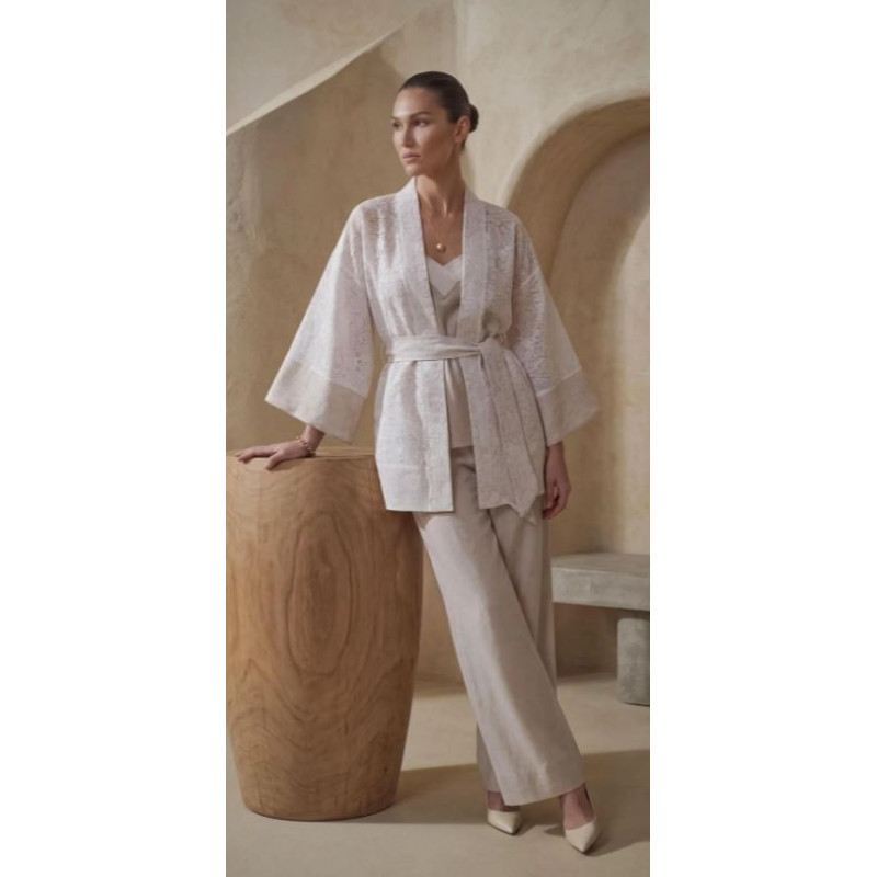 Pierre Cardin Kimonolu Keten Dokulu Kadın Pijama Takımı - LX.26237 Neutral